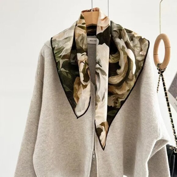 2/$30 Retro Commute Leaves Daisy Floral Olive Coffee Cream Polyester Silk Scarf - Picture 1 of 8